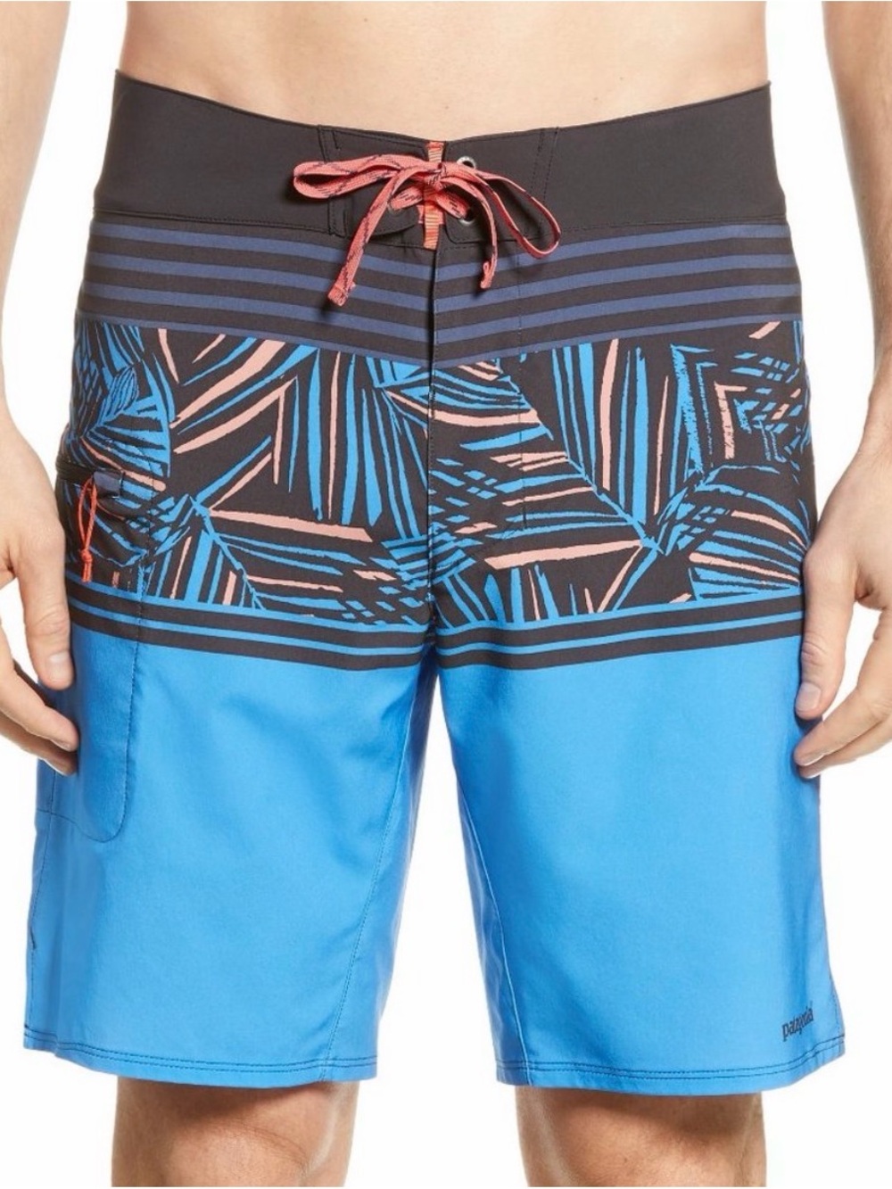 Patagonia Men’s Blue Black Coral-Accent Tropical Print Boardshorts